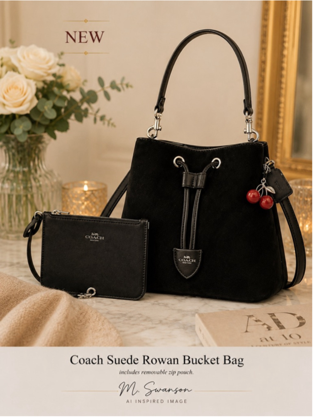 NEW Coach Rowan Bucket Bag Black Suede w/ Removable Zip Pouch CCZ89 NWT